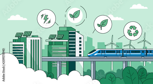Eco friendly modern city infrastructure with renewable energy sources.