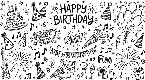 Happy birthday party doodle elements collection featuring anniversary cake balloons party hats music notes fireworks and festive celebration banner vector illustrations.
