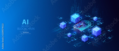 Isometric concept of  AI blockchain cyber security. Data center secure with padlock and cubes vector design. Technology blockchain protection of system privacy on blue background.