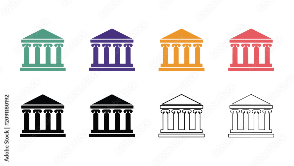 Obraz premium Set of Classical Building Icons in Various Colors and Styles, Representing Institutions, Banks, or Temples