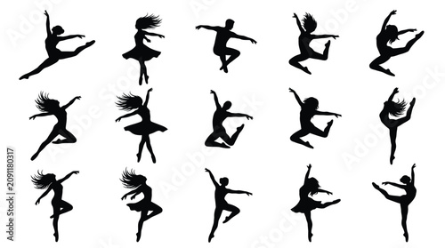Multiple black silhouettes of professional ballet dancers performing expressive jumps and elegant poses on white background