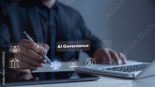 Фотография Business professional managing AI governance through a digital interface, highlighting compliance, privacy, security, ethical AI, legal oversight, and risk management for responsible innovation