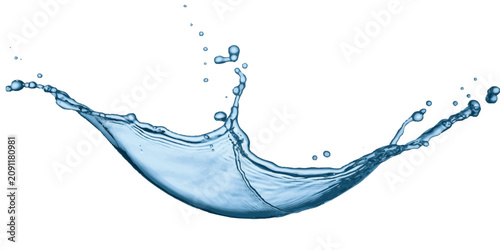 Obraz na plátně Blue water splash dynamic curve with droplets isolated on white background representing freshness purity and hydration movement