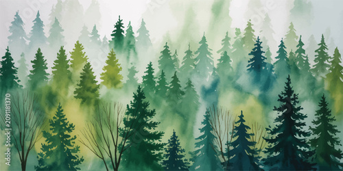Tableau sur toile Watercolor green forest landscape with fir trees and fog, misty forest in a watercolor style for a nature background