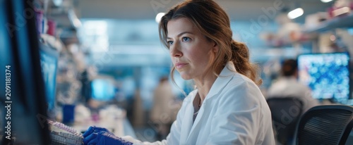 Female scientist working in lab analyzing data on monitor for biomedical research and laboratory design background