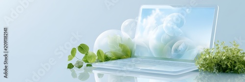 Transparent eco laptop with floating bubbles and leafy display for sustainable technology banner and hero background in pastel minimalism style