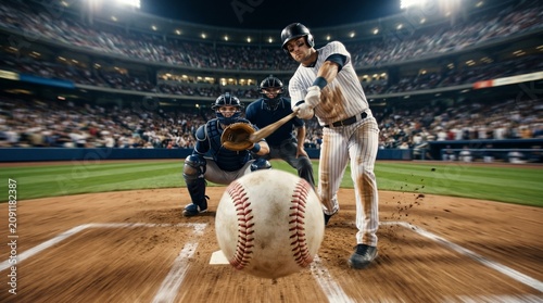 A focused baseball player in action, hitting a powerful home run in a packed stadium under bright lights.