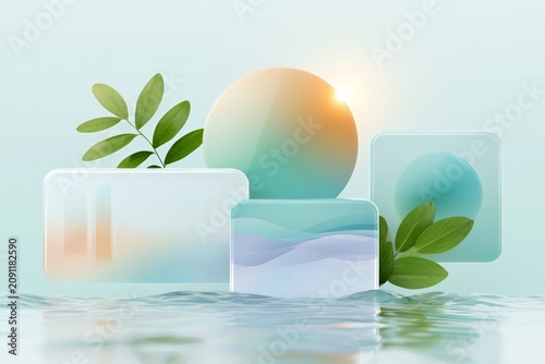 Futuristic climate interface background with circular sun and translucent glass panels, leaves and gentle waves for eco design, banner and wallpaper use