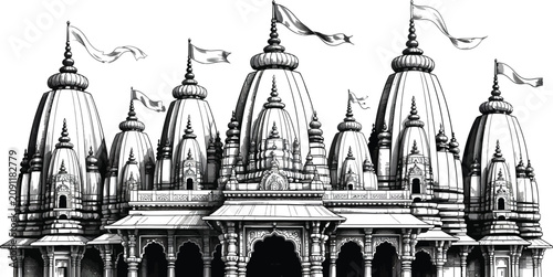 Schilderij op canvas Hindu temple, Indian architecture, black and white illustration, vector, religio