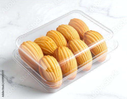 transparent clamshell plastic box with pastel madeleine cookies inside