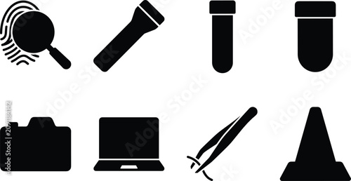 Photos Forensic science and crime scene investigation icon set featuring evidence colle
