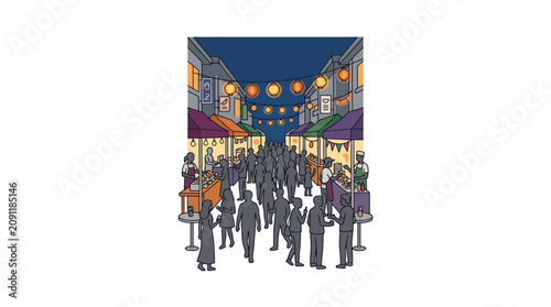 A diverse crowd of people walking through a vibrant night market street scene.