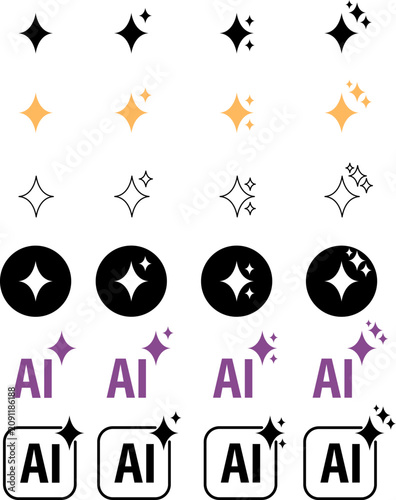 Flat icon set of AI sparkle symbols featuring solid, outline and badge variations in black, orange and purple for technology design