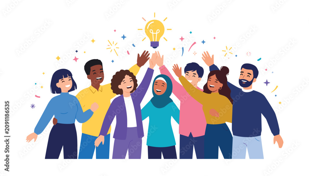 Fototapeta premium Diverse group of happy people high five celebrating success in flat vector illustration