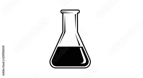 Black laboratory flask with dark liquid, science experiment icon, research symbol