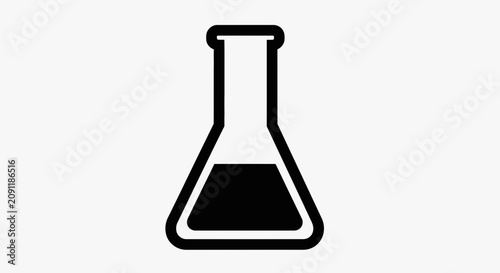 Black laboratory flask with liquid, science experiment icon, chemistry research symbol