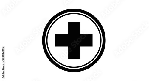 Black Medical Cross Symbol in Circle, Healthcare, First Aid, Emergency, Health Care Icon