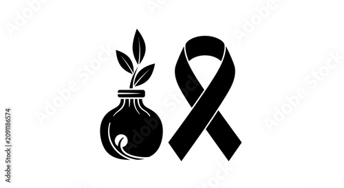 Black mourning ribbon and plant in vase, symbol of grief, loss, and remembrance