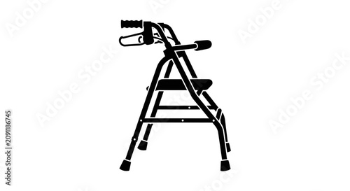 Black silhouette of a walker with seat and handles on a white background