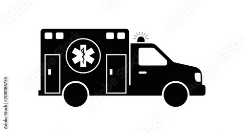 Black silhouette of an ambulance with a star of life symbol, isolated on white background.