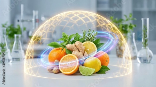Glowing dome protecting natural citrus fruit, aromatic ginger root, vibrant herb leaves, symbolizing powerful immune system defense, microscopic body resistance, cellular health mechanism.