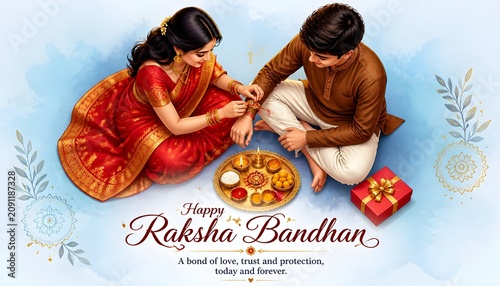 Happy young indian girl tying rakhi to brother hand during raksha bandhan festival at home - concept of indian culture, relationship and occasion