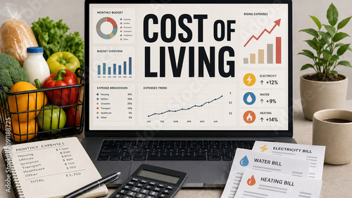 Laptop showing cost of living charts and budget data beside groceries, utility bills, notebook, calculator, coffee, and houseplant.