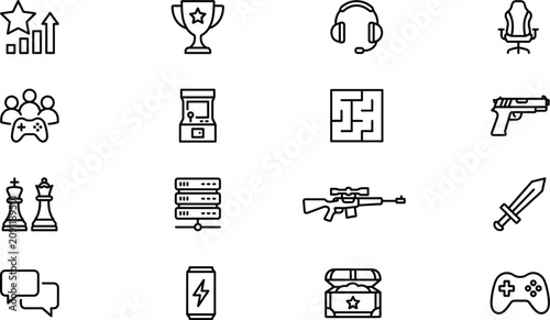 Fotografie Gaming and esports line icon set featuring weapon controller trophy headset gami