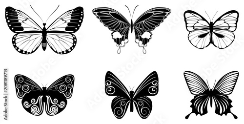Schilderij op canvas Six black butterfly silhouettes with intricate wing patterns on white background