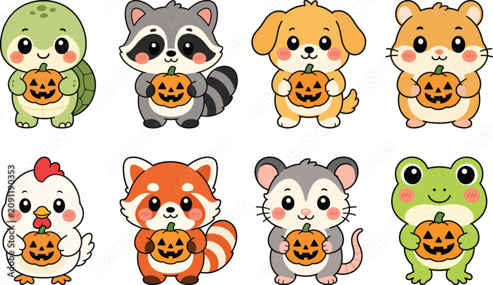 Obraz premium Set of cute animals holding halloween pumpkins, cartoon style illustration of turtle, raccoon, dog, hamster, chicken, red panda, opossum and frog