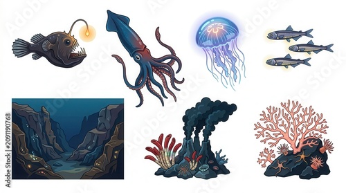 Deep-sea life: anglerfish, giant squid, glowing jellyfish, and their ecosystems
