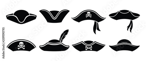 Canvastavla Pirate Hat Silhouettes with Skull Emblems, Crossbones, Feather Details, and Bold