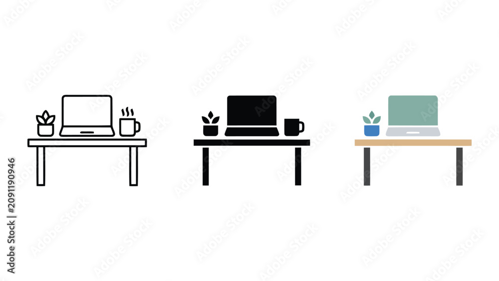 Fototapeta premium Laptop on desk with house plant and coffee mug icon set in three artistic styles including outline silhouette and flat color for professional business presentations and digital marketing assets