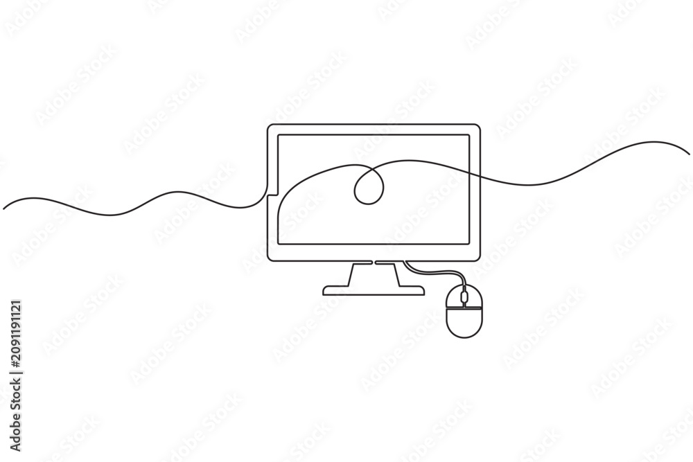 Obraz premium Desktop monitor screen with mouse continuous one line drawing minimalist desktop display outline vector illustration