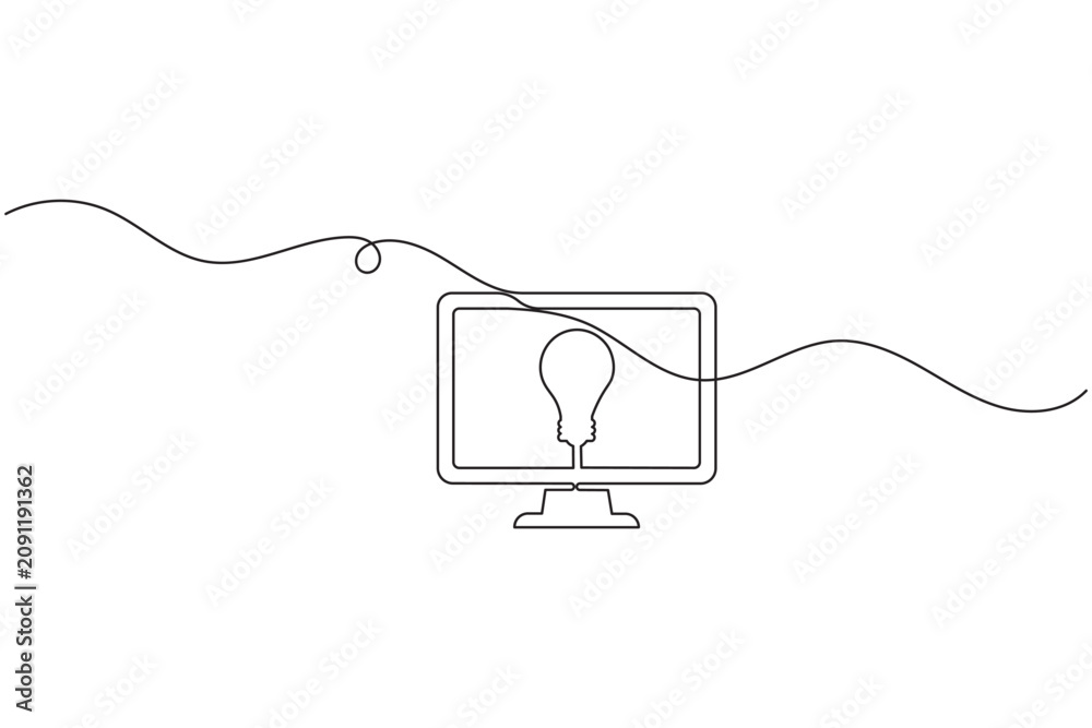 Obraz premium Desktop monitor screen with light bulb continuous one line drawing minimalist desktop display outline vector illustration