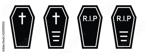 Quadro su tela Four black coffin silhouettes with crosses and RIP text on a white background