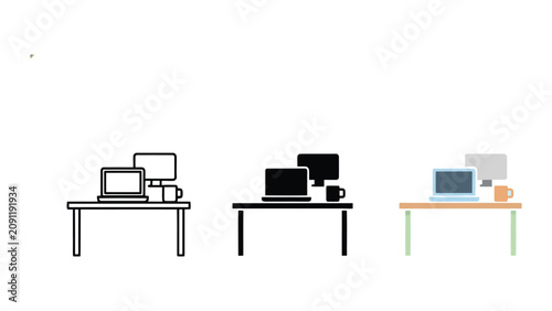 Workstation desk with laptop and desktop monitor and coffee cup in line art solid and flat color vector design for professional office and multitasking business environment concepts