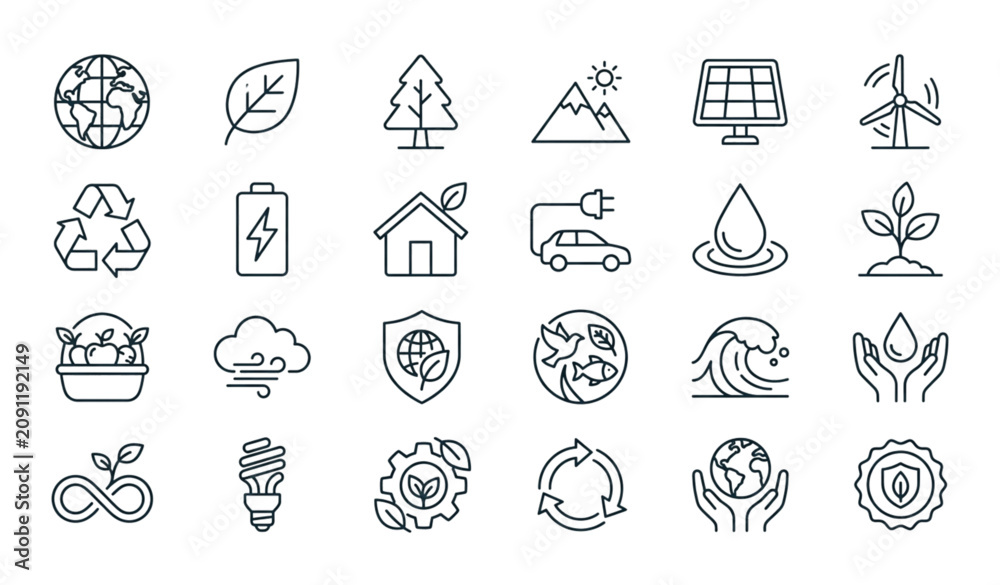 Fototapeta premium Nature and Environment Line Icon Set with Green Energy Ecology and Earth Friendly Visual Symbols