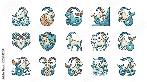 Bild auf Leinwand Modern Colorful Illustrations of Capricorn Zodiac Sign with Goat and Sea Creatur