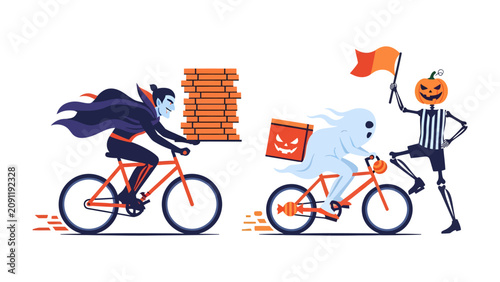 Принти на полотні Halloween Delivery Duo: A spooky vampire on a bike races to deliver a stack of pizzas, while a friendly ghost, with a jack-o'-lantern head