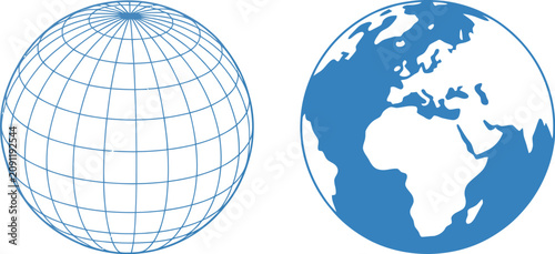 Globe icon set, earth planet symbols, world map elements, global communication and international network concept, vector