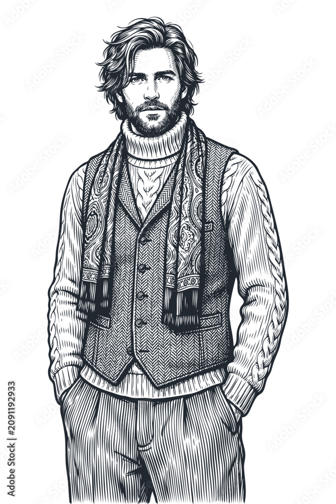 Fototapeta premium Vector engraving illustration of a handsome bearded man in a warm sweater, vest, and scarf. Vintage monochrome fashion art isolated on a white background.