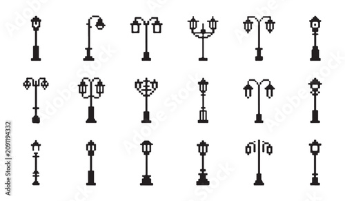 Obraz na płótnie Big set of pixel art street lamps isolated on white background for city and park lighting