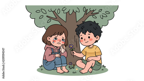 Quadro su tela A Gentle Act of Kindness: A young boy offers a flower to a sad, crying girl under the shade of a tree, a simple gesture of comfort and empathy