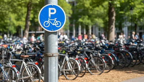 A blue circular sign with a white 'P' and bicycle icon stands in front of a large outdoor parking area filled with numerous bicycles under a sunny sky.