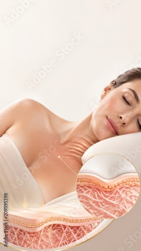 Woman with radiant smooth skin resting peacefully showing detailed skin texture and collagen structure illustration