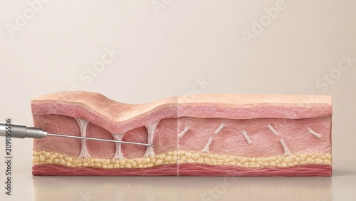 Cross-section illustration of skin showing needle injection into subcutaneous fat layer for medical treatment