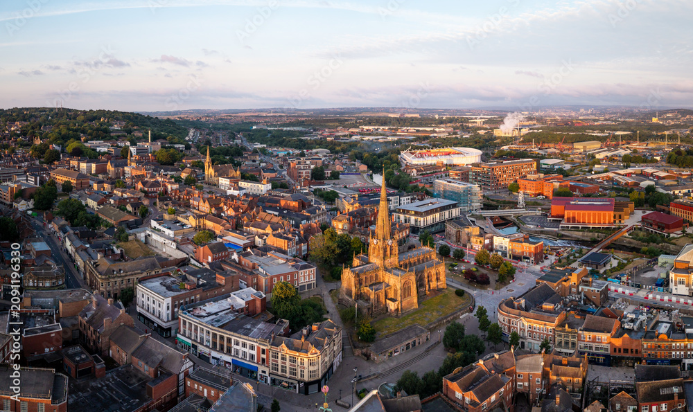 Obraz premium Aerial panorama view of Rotherham cityscape skyline at sunrise