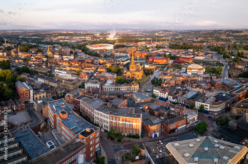 Aerial panorama view of Rotherham cityscape skyline at sunrise