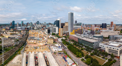 Aerial view of a Birmingham cityscape skyline with the site of the new Birmingham Curzon Street HS2 station under construction